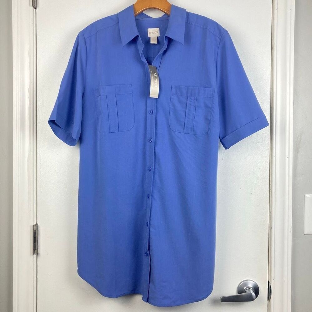 Chico's Silky Soft Long Shirt Button Front Short‎ Sleeve Top Smokey Blue sz 2/ L